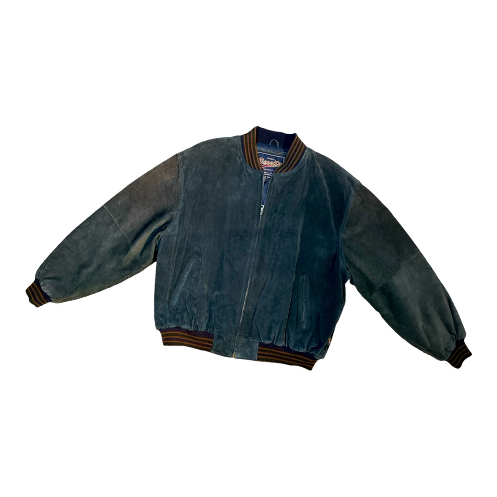 Vintage Varsity Suede Leather Jacket Two Tone Blue & Gray Men’s Size XXL